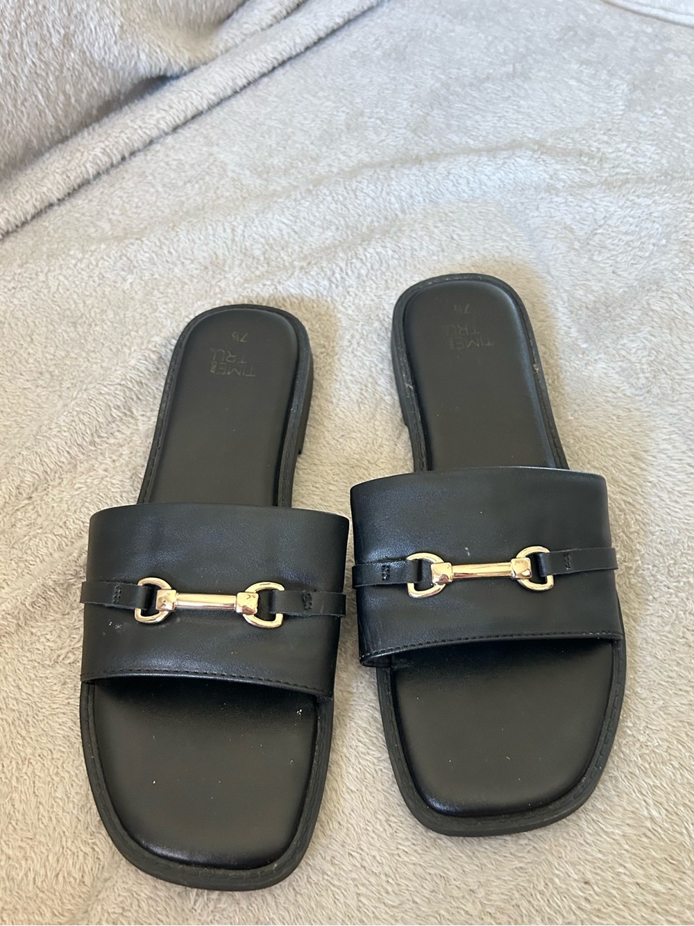 Time & Tru Black Slide Sandals with Gold Hardware - 7.5